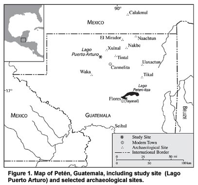 Figure 1. Map of Petén, Guatemala, including study site (Lago Puerto Arturo) and selected archaeological sites.
