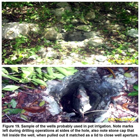 Figure 19. Sample of the wells probably used in pot irrigation. Note marks left during drilling operations at sides of the hole, also note stone cap that fell inside the well, when pulled out it matched as a lid to close well aperture.