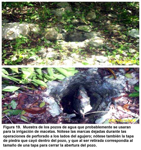 Figura 19. Muestra de los pozos de agua que probablemente se usaran para la irrigación de macetas. Nótese las marcas dejadas durante las operaciones de perforado a los lados del agujero; nótese también la tapa de piedra que cayó dentro del pozo, y que al ser retirada correspondía al tamaño de una tapa para cerrar la abertura del pozo.