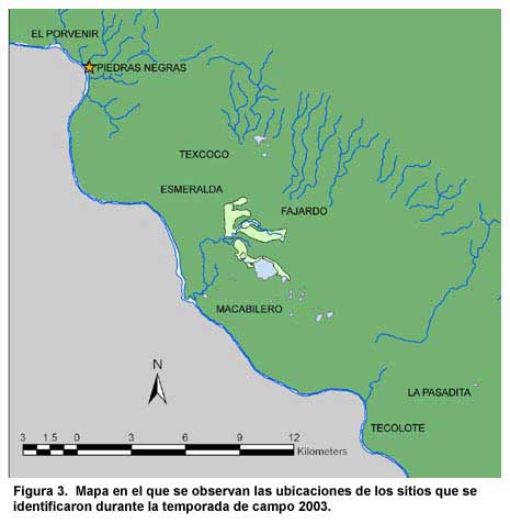 Figura 3. Mapa en el que se observa la ubicación de los sitios identificados durante la temporada de campo 2003.