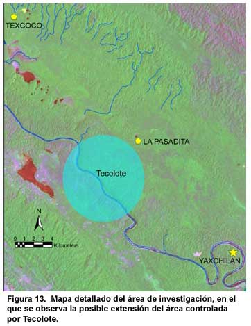 Figura 13. Mapa detallado del área de investigación, en el que se observa la posible extensión del área controlada por Tecolote.