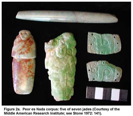 Figure 2a. Peor es Nada corpus: five of seven jades (Courtesy of the Middle American Research Institute; see Stone 1972: 141).