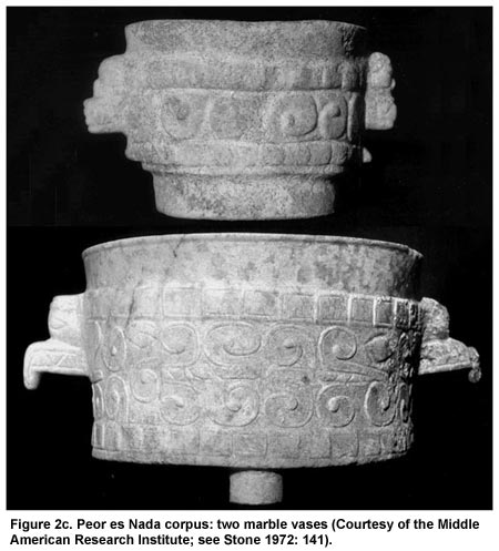 Figure 2c. Peor es Nada corpus: two marble vases (Courtesy of the Middle American Research Institute; see Stone 1972: 141).