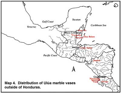 Map 4. Distribution of Ulúa marble vases outside of Honduras. Click to view higher resolution image.