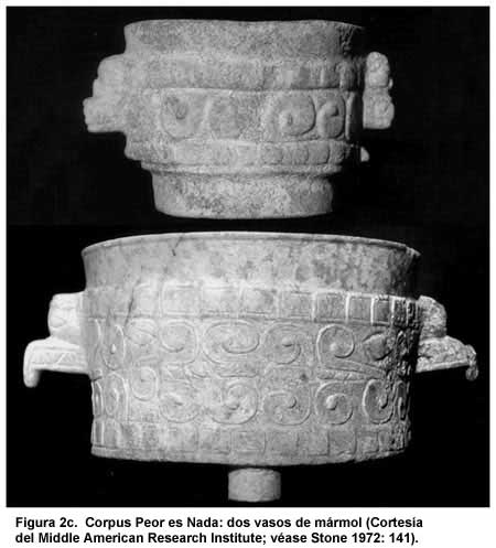 Figura 2c. Corpus Peor es Nada: dos vasos de mármol (Cortesía del Middle American Research Institute; véase Stone 1972: 141).