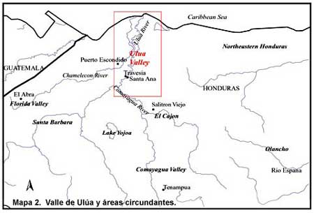 Mapa 2. El valle de Ulúa y sus áreas circundantes. Haga clic sobre la imagen para agrandar.