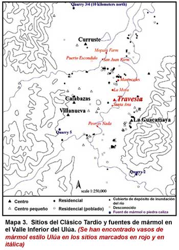 Mapa 3. Sitios del Clásico Tardío y fuentes de mármol en el Valle Inferior del Ulúa. Haga clic sobre la imagen para agrandar.