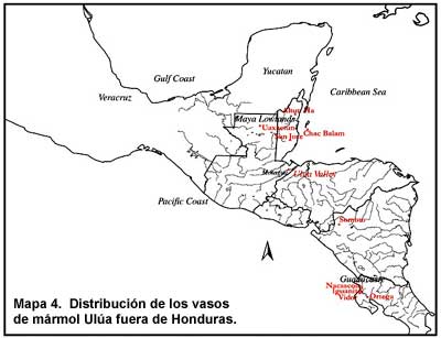 Mapa 4. Distribución de los vasos de mármol de Ulúa fuera de Honduras. Haga clic sobre la imagen para agrandar.