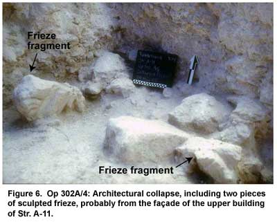 Figure 6. Op 302A/4: Architectural collapse, including two pieces of sculpted frieze, probably from the façade of the upper building of Str. A-11. Click to enlarge.