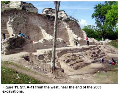 Figure 11. Str. A-11 from the west, near the end of the 2003 excavations. Click to enlarge.