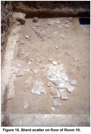 Figure 15. Sherd scatter on floor of Room 10. Click to enlarge.