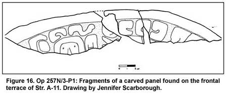 Figure 16. Op 257N/3-P1: Fragments of a carved panel found on the frontal terrace of Str. A-11. Drawing by Jennifer Scarborough.