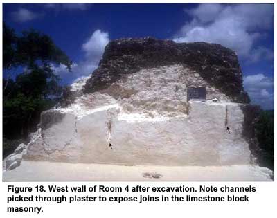 Figure 18. West wall of Room 4 after excavation. Note channels picked through plaster to expose joins in the limestone block masonry. Click to enlarge.