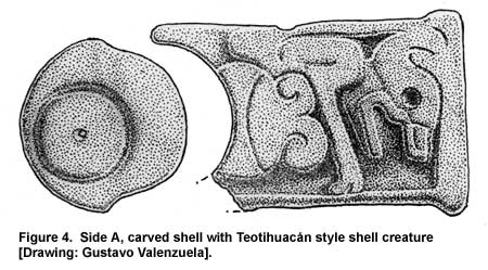 Figure 4. Side A, carved shell with Teotihuacán style shell creature [Drawing: Gustavo Valenzuela].