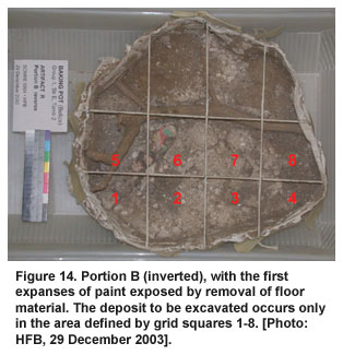 Figure 14. Portion B (inverted), with the first expanses of paint exposed by removal of floor material. The deposit to be excavated occurs only in the area defined by grid squares 1-8. [Photo: HFB, 29 December 2003].