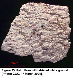 Figure 23. Paint flake with striated white ground. [Photo: CGC, 17 March 2004].