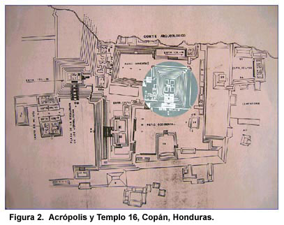 Figura 2. Acrópolis y Templo 16, Copán, Honduras. Haga clic para agrandar.