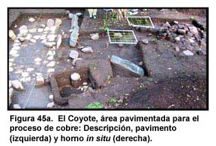 Figura 45a. El Coyote, área pavimentada para el proceso de cobre: Descripción, pavimento (izquierda) y horno in situ (derecha).