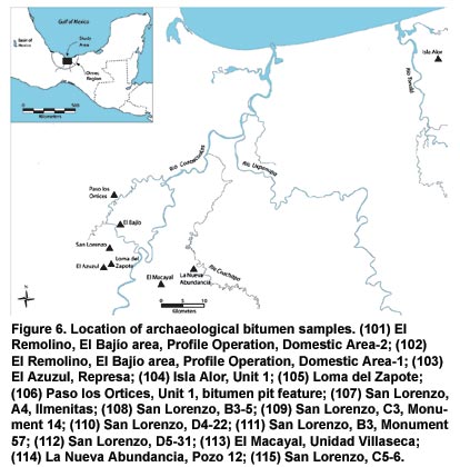 Figure 6. Location of archaeological bitumen samples. (101) El Remolino, El Bajío area, Profile Operation, Domestic Area-2; (102) El Remolino, El Bajío area, Profile Operation, Domestic Area-1; (103) El Azuzul, Represa; (104) Isla Alor, Unit 1; (105) Loma del Zapote; (106) Paso los Ortices, Unit 1, bitumen pit feature; (107) San Lorenzo, A4, Ilmenitas; (108) San Lorenzo, B3-5; (109) San Lorenzo, C3, Monument 14; (110) San Lorenzo, D4-22; (111) San Lorenzo, B3, Monument 57; (112) San Lorenzo, D5-31; (113) El Macayal, Unidad Villaseca; (114) La Nueva Abundancia, Pozo 12; (115) San Lorenzo, C5-6.