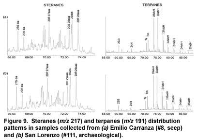 Figure 9. Steranes (m/z 217) and terpanes (m/z 191) distribution patterns in samples collected from (a) Emilio Carranza (#8, seep) and (b) San Lorenzo (#111, archaeological).