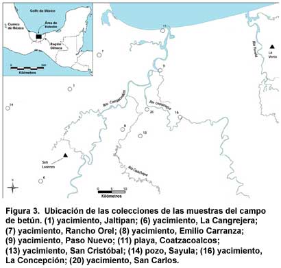 Figura 3. Ubicación de las colecciones de las muestras del campo de betún. (1) yacimiento, Jaltipan; (6) yacimiento, La Cangrejera; (7) yacimiento, Rancho Orel; (8) yacimiento, Emilio Carranza; (9) yacimiento, Paso Nuevo; (11) playa, Coatzacoalcos; (13) yacimiento, San Cristóbal; (14) pozo, Sayula; (16) yacimiento, La Concepción; (20) yacimiento, San Carlos.