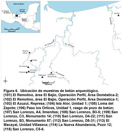 Figura 6. Ubicación de muestras de betún arqueológico. (101) El Remolino, área El Bajío, Operación Perfil, Área Doméstica-2; (102) El Remolino, área El Bajío, Operación Perfil, Área Doméstica-1; (103) El Azuzul, Represa; (104) Isla Alor, Unidad 1; (105) Loma del Zapote; (106) Paso los Ortices, Unidad 1, rasgo de pozo de betún; (107) San Lorenzo, A4, llmenitas; (108) San Lorenzo, B3-5; (109) San Lorenzo, C3, Monumento 14; (110) San Lorenzo, D4-22; (111) San Lorenzo, B3, Monumento 57; (112) San Lorenzo, D5-31; (113) El Macayal, Unidad Villaseca; (114) La Nueva Abundancia, Pozo 12; (115) San Lorenzo, C5-6.