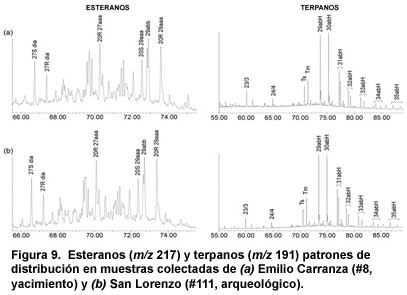 Figura 9. Esteranos (m/z 217) y terpanos (m/z 191) patrones de distribución en muestras colectadas de (a) Emilio Carranza (#8, yacimiento) y (b) San Lorenzo (#111, arqueológico).