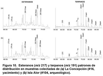 Figura 10. Esteranos (m/z 217) y terpanos (m/z 191) patrones de distribución en muestras colectadas de (a) La Concepción (#16, yacimiento) y (b) Isla Alor (#104, arqueológico).